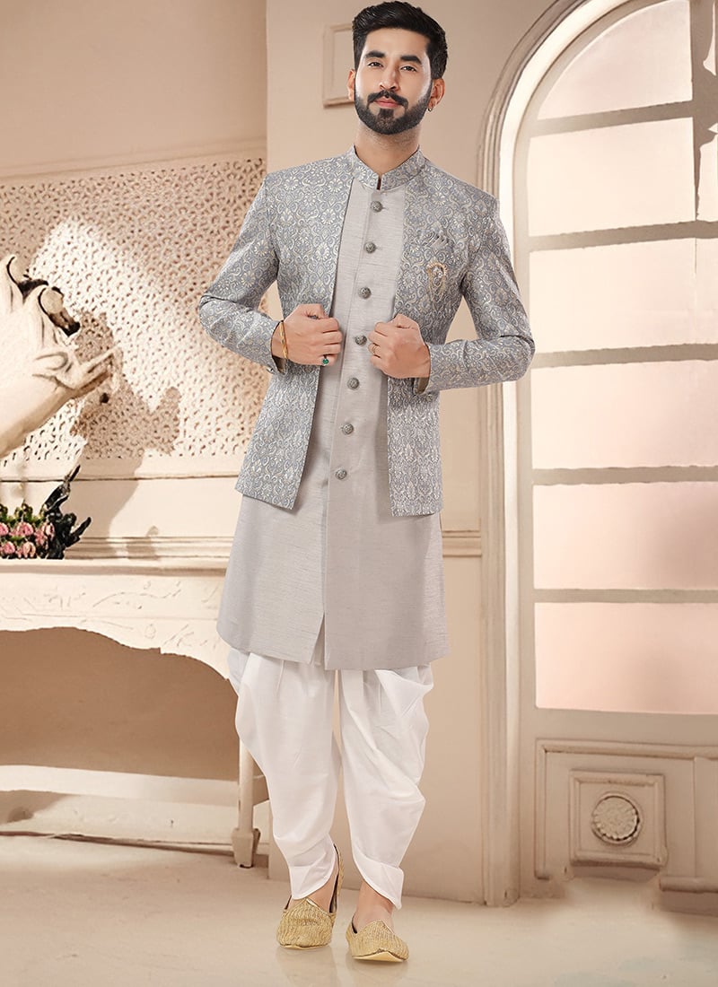 Grey Silk Classic Sherwani Jacquard Zari Print Jacket And Dhoti Style Pants Wedding Wear