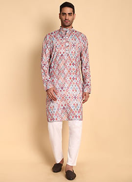 Grey Silk Cotton Printed Kurta Pyjama