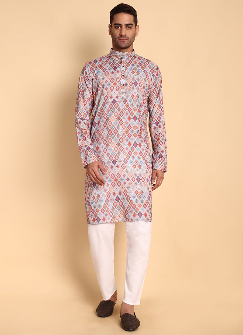 Grey Silk Cotton Printed Kurta Pyjama Festive Wear