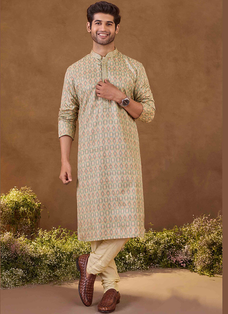 Grey Silk Digital Print Kurta Pyjama For Men Festive Wear