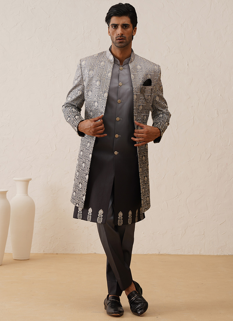 Grey Silk Elegant Embroidered Sequins Indowestern Sherwani Wedding Wear