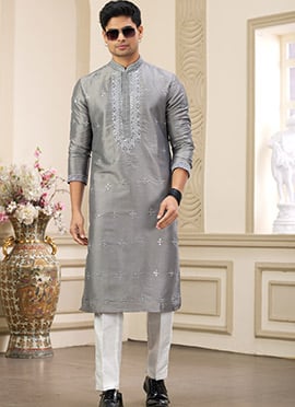 Grey Silk Embroidered  Kurta Pyjama