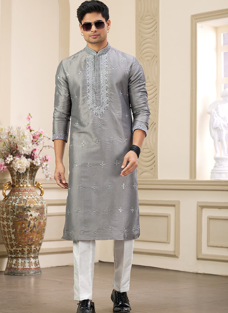 Grey Silk Embroidered  Kurta Pyjama Festive Wear