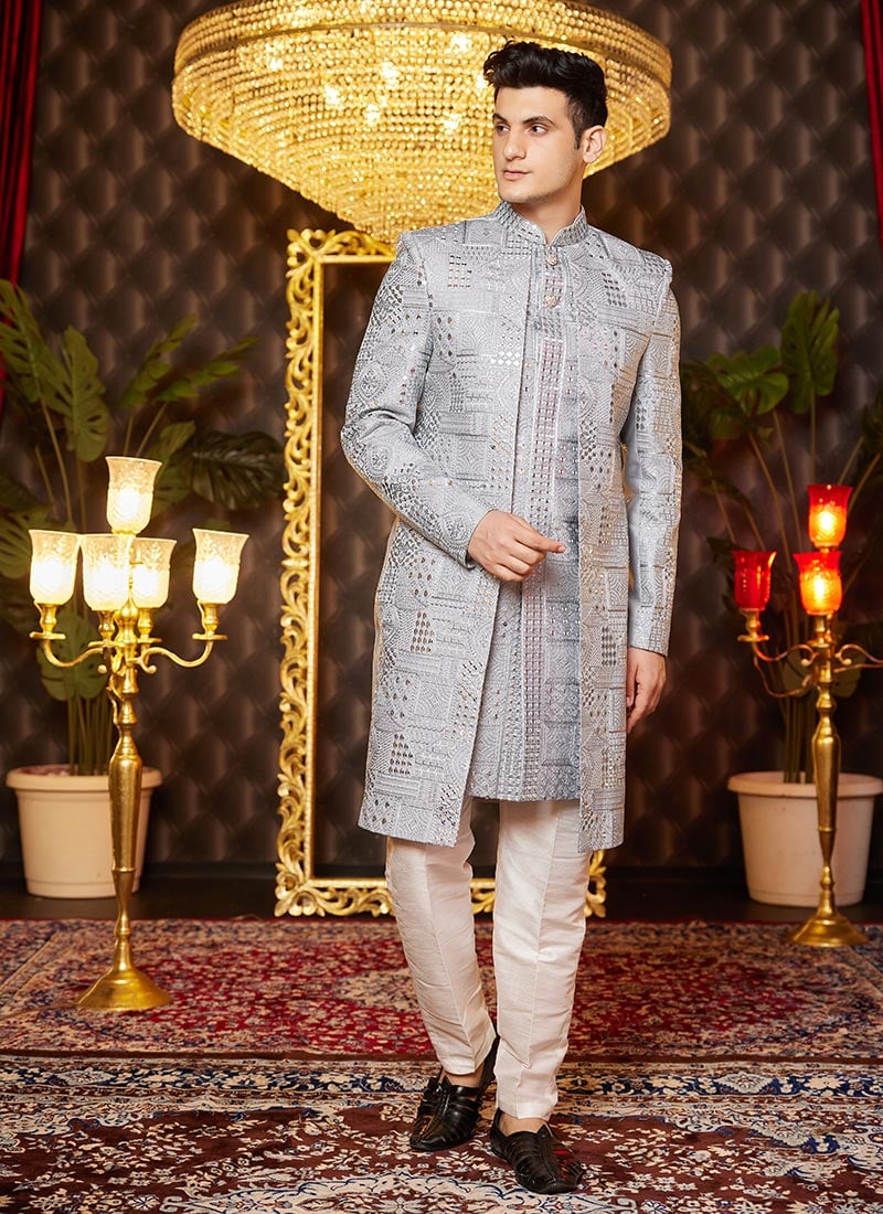 Grey Silk Embroidered And Sequins Thread Indowestern Sherwani Wedding Wear