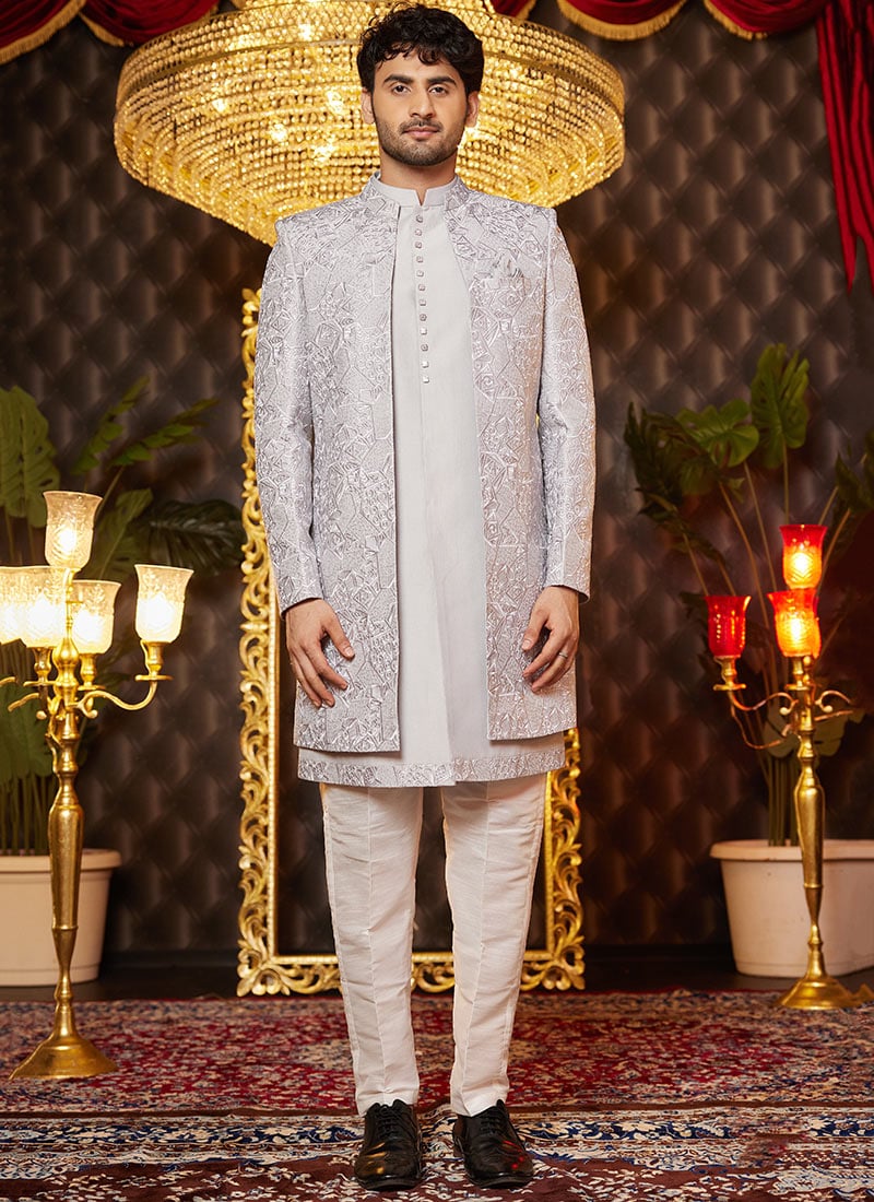 Grey Silk Embroidered And Sequins Thread Indowestern Sherwani