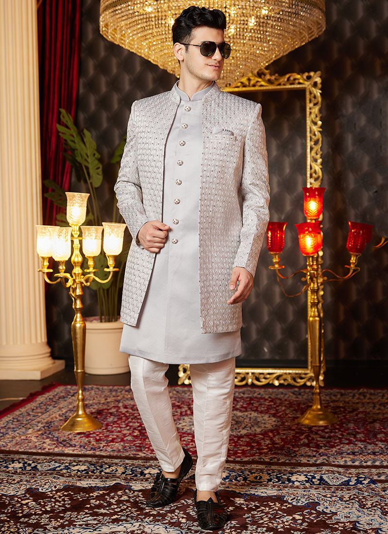 Grey Silk Embroidered And Sequins Thread Indowestern Sherwani