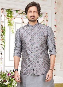 Grey Silk Embroidered Bandhgala jacket For Men
