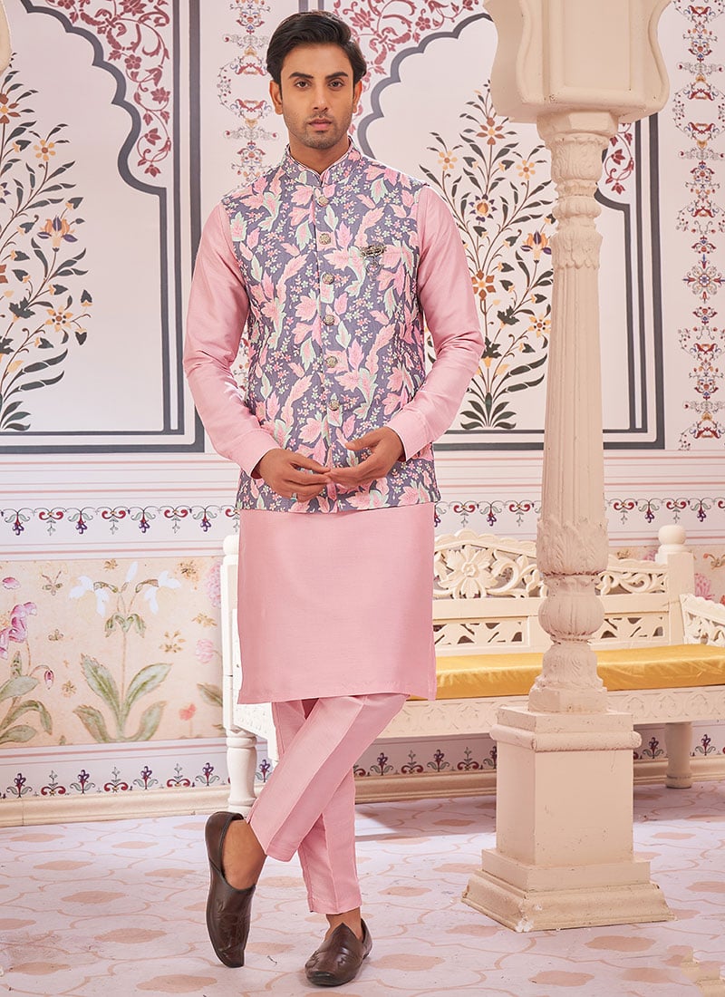 Grey Silk Embroidered Bandi Set