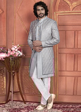 Grey Silk Embroidered Indowestern Sherwani Pakistani Style
