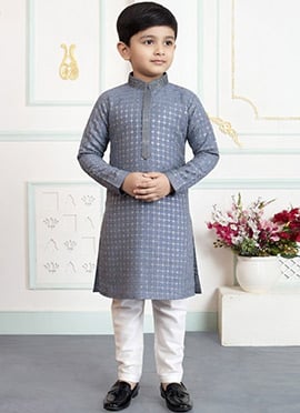 Grey Silk Embroidered Kurta Pyjama For Boys
