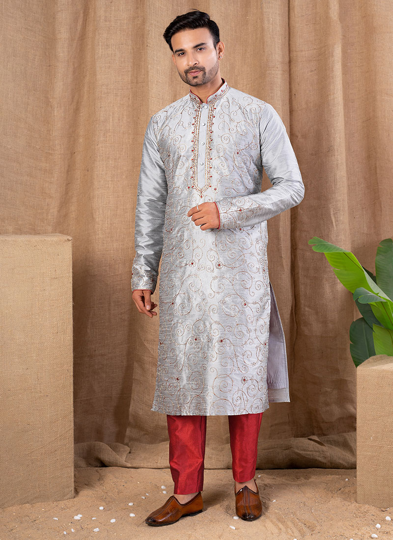 Grey Silk Embroidered Kurta Pyjama