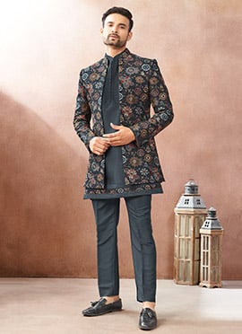 Grey Silk Embroidered Sequin Open Jodhpuri Indo Western Sherwani