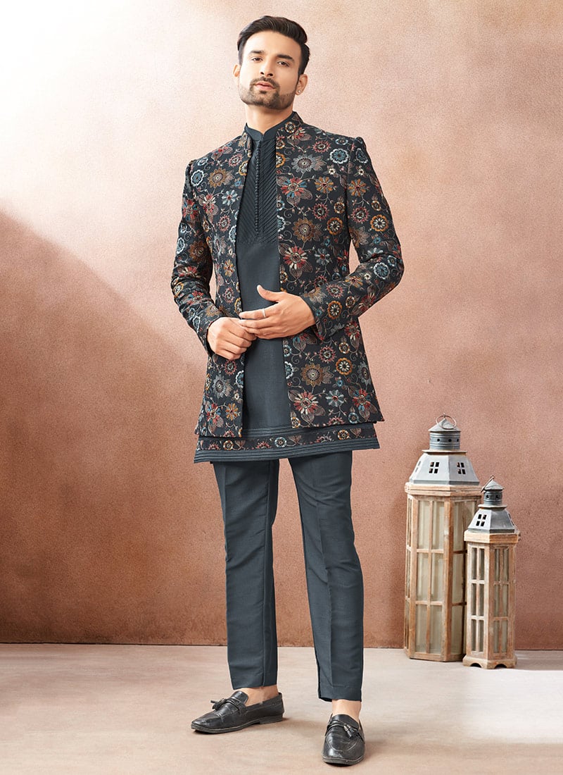 Grey Silk Embroidered Sequin Open Jodhpuri Indo Western Sherwani Wedding Wear