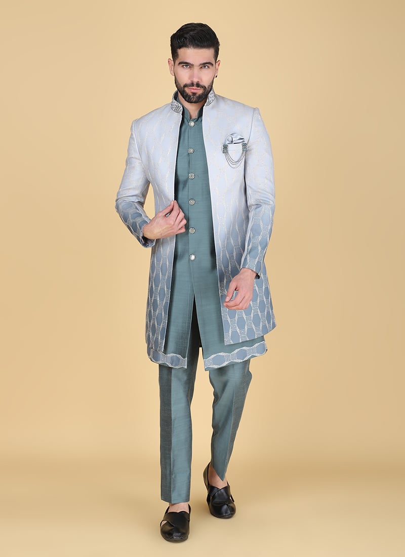 Grey Silk Embroidered Sequins And Beads Indowestern Sherwani
