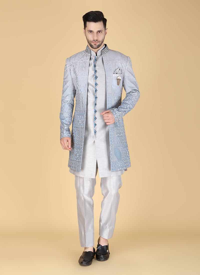 Grey Silk Embroidered Sequins And Beads Indowestern Sherwani