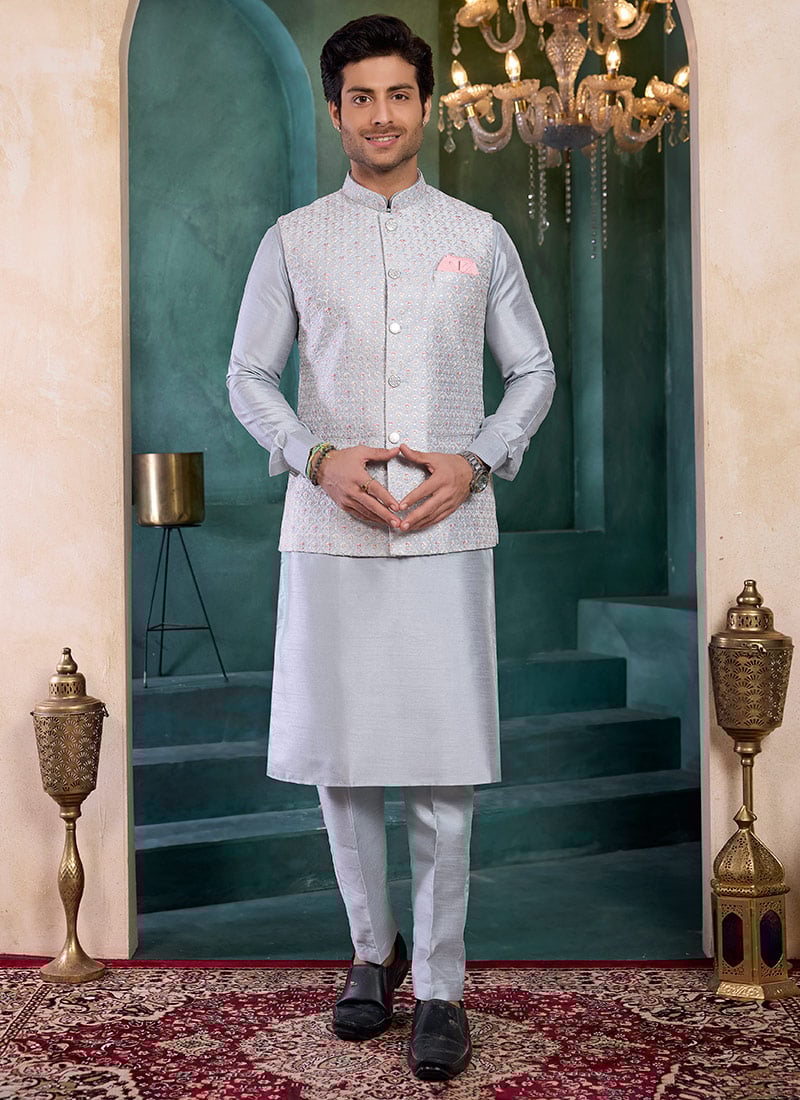 Grey Silk Embroidered Sequins Bandhgala Jacket