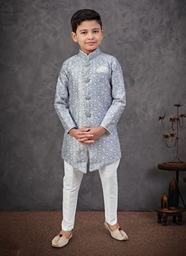 Grey Silk Embroidered Sequins Boys Indowestern Sherwani