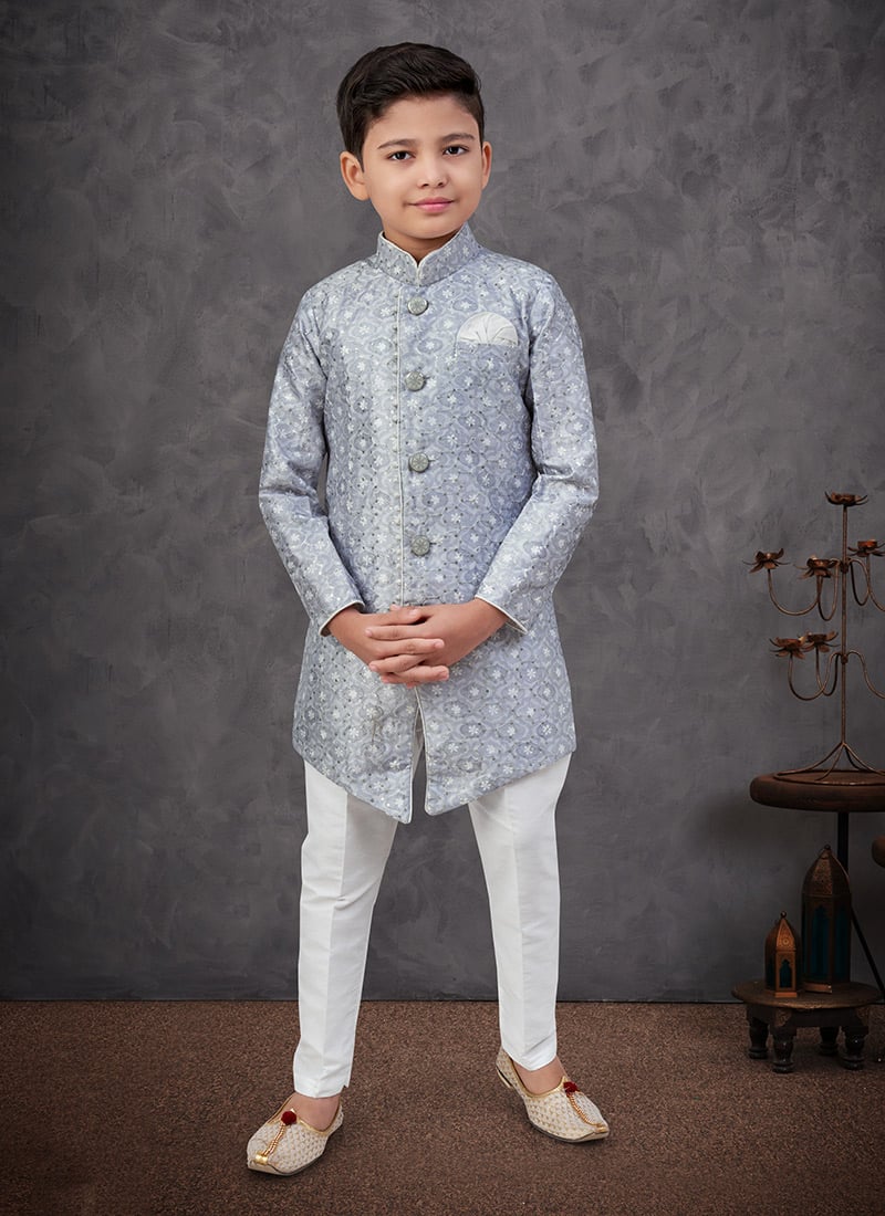 Grey Silk Embroidered Sequins Boys Indowestern Sherwani Wedding Wear