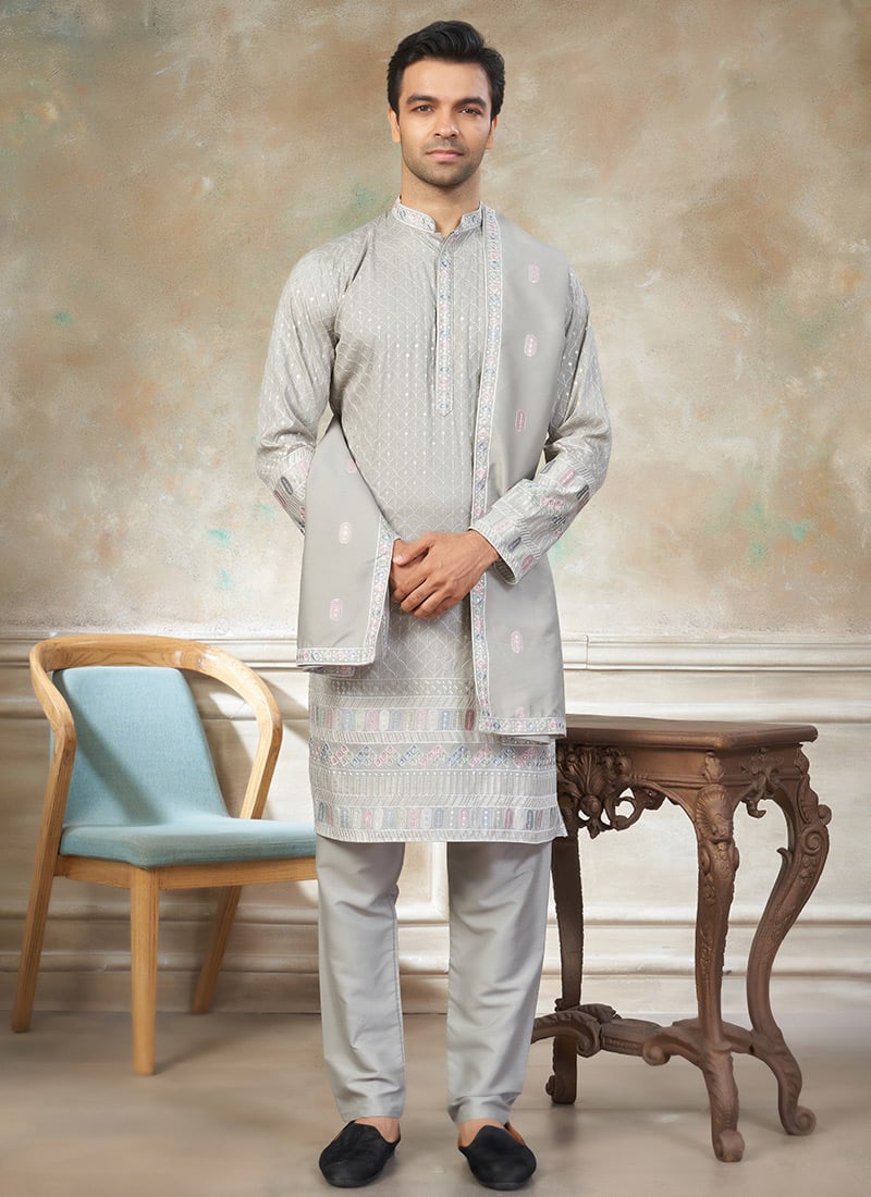 Grey Silk Embroidered Sequins Elegant Kurta Pyjama With Stole For Men Festive Wear