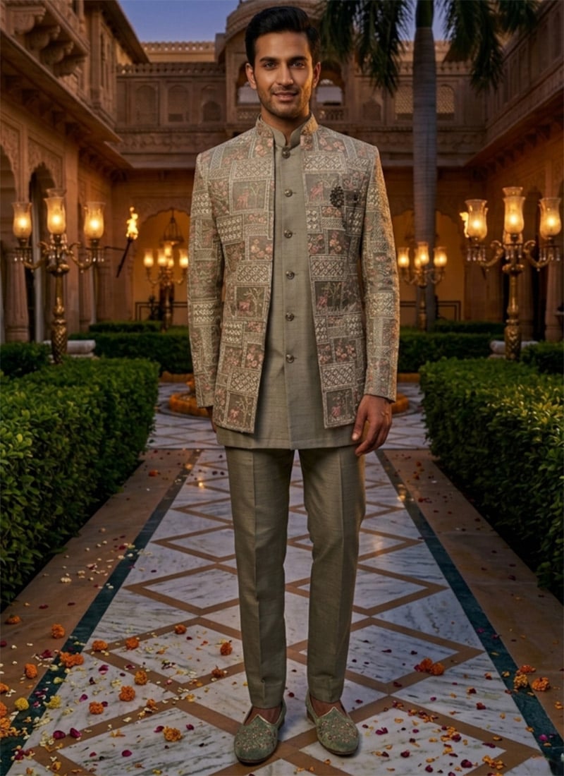 Grey Silk Embroidered Sequins Indowestern Sherwani  Wedding Wear