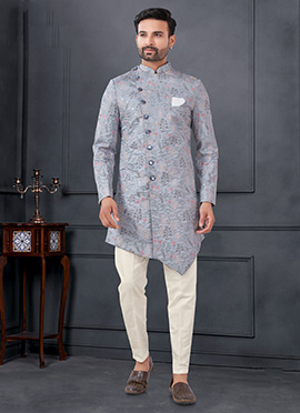 Grey Silk Embroidered Sequins Indowestern Sherwani