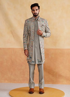 Grey Silk Embroidered Sequins Indowestern Sherwani