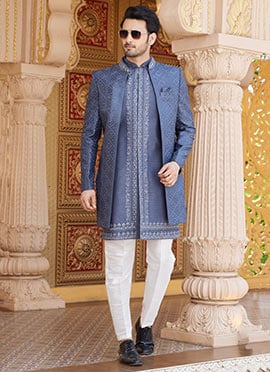 Light Teal Silk Embroidered Sequins Indowestern Sherwani