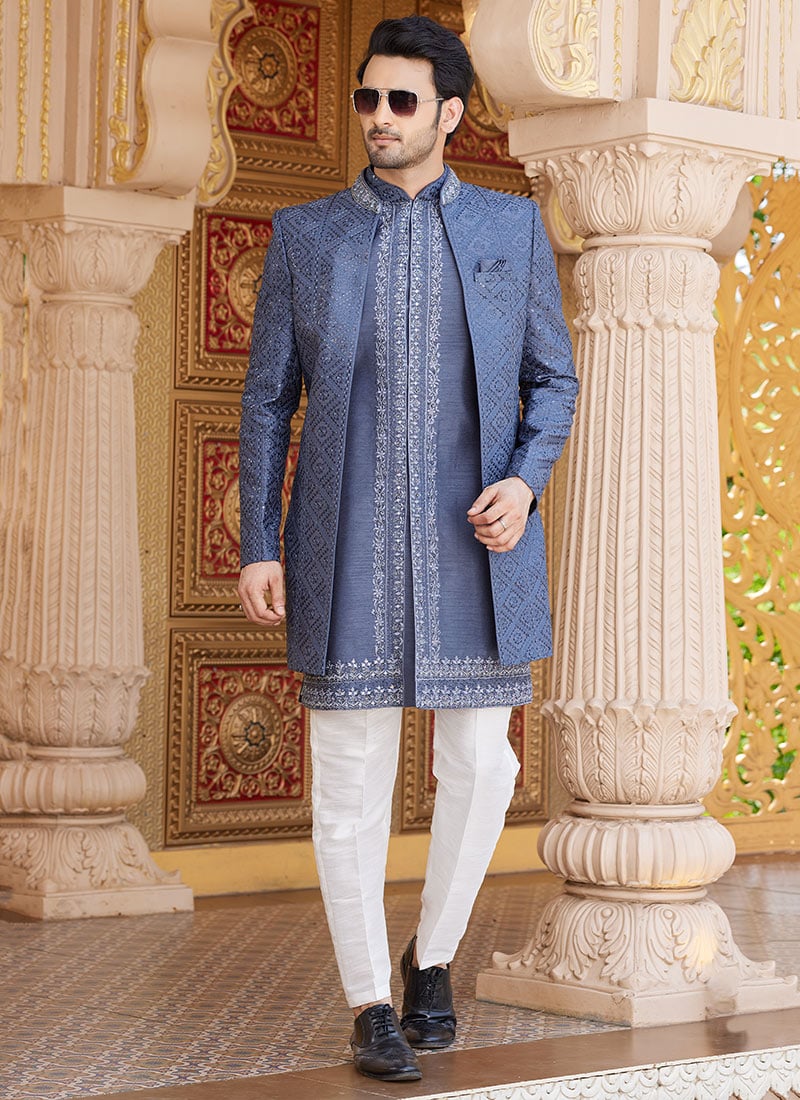 Light Teal Silk Embroidered Sequins Indowestern Sherwani Wedding Wear