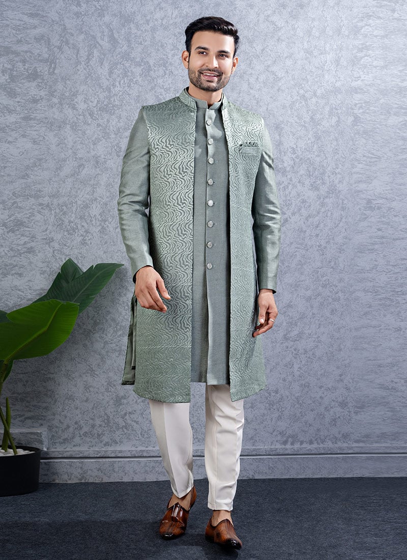Grey Silk Embroidered Sequins Indowestern Sherwani Wedding Wear