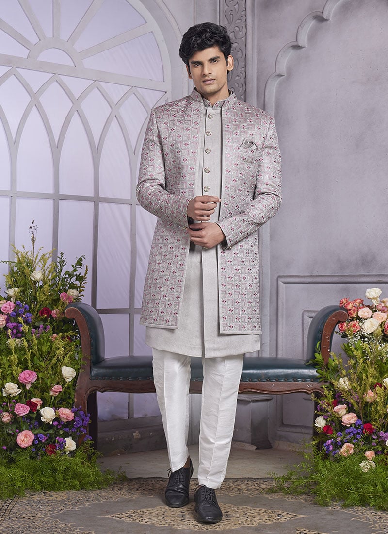 Grey Silk Embroidered Sequins Jacket Style Indowestern Sherwani Wedding Wear
