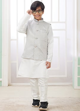 Grey Silk Embroidered Sequins Kids Boys Bandi Set