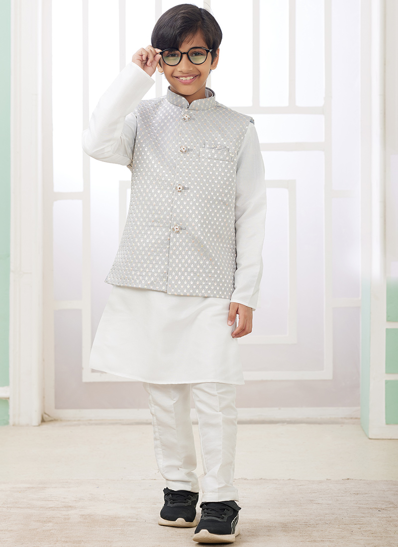 Grey Silk Embroidered Sequins Kids Boys Bandi Set