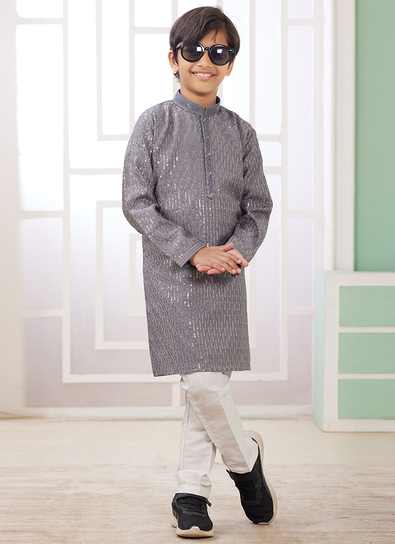 Grey Silk Embroidered Sequins Kids Boys Kurta Pyjama Festive Wear