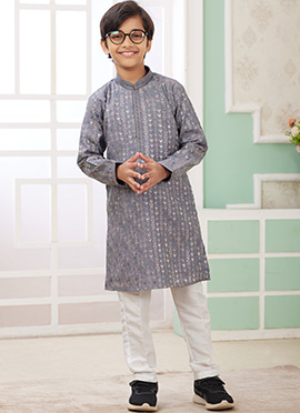 Grey Silk Embroidered Sequins Kids Boys Kurta Pyjama