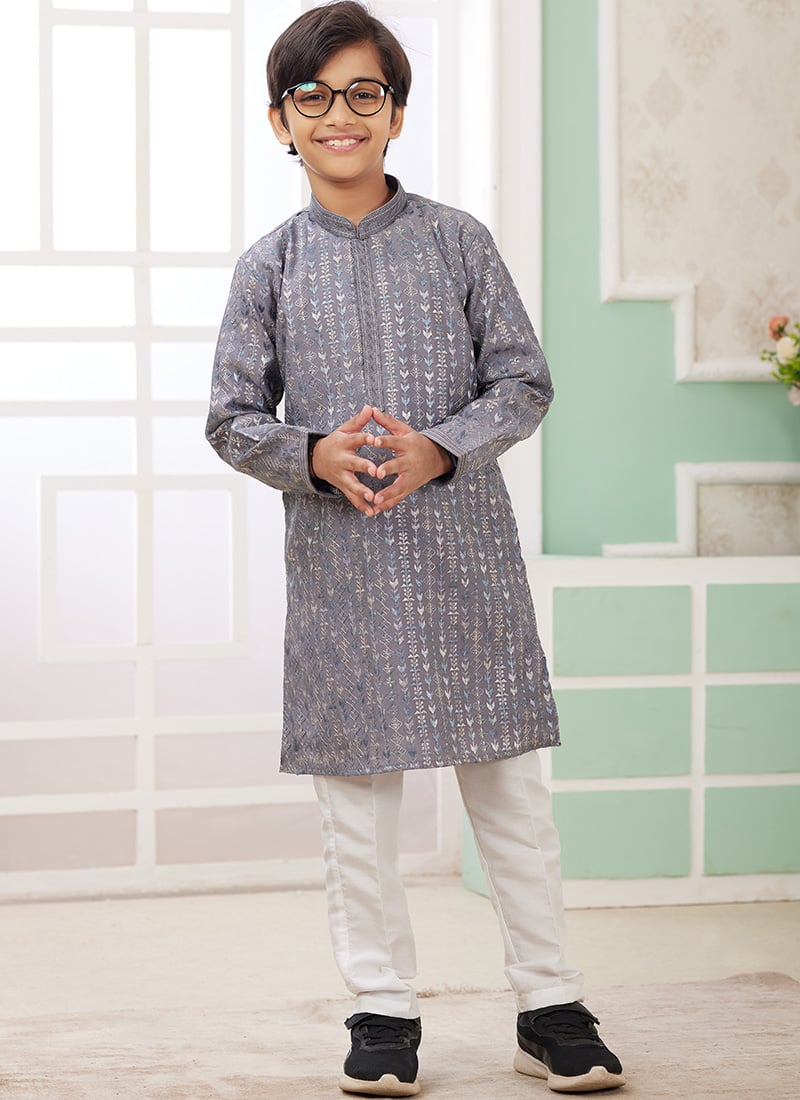 Grey Silk Embroidered Sequins Kids Boys Kurta Pyjama Festive Wear