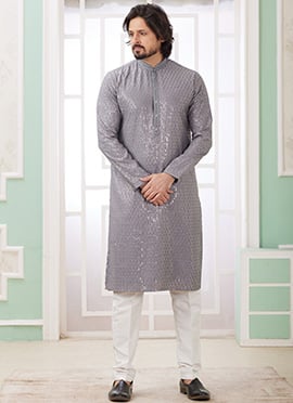Grey Silk Embroidered Sequins Kurta Pyjama For Men