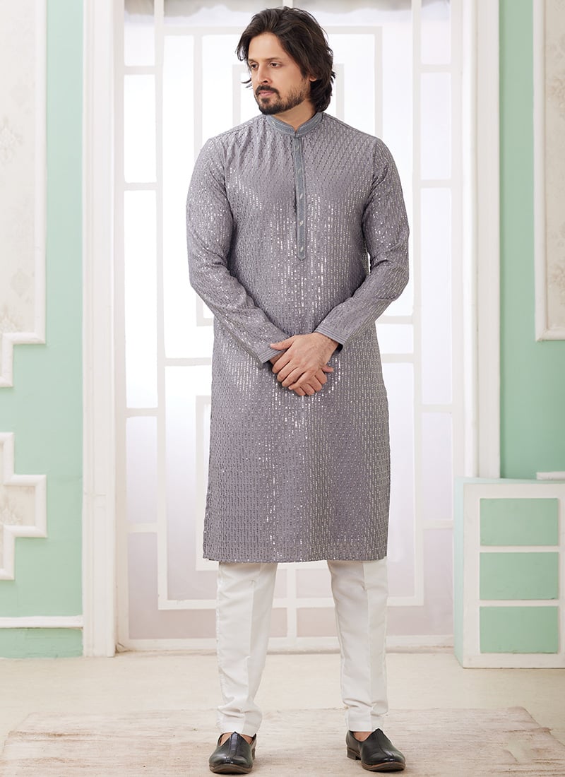 Grey Silk Embroidered Sequins Kurta Pyjama For Men
