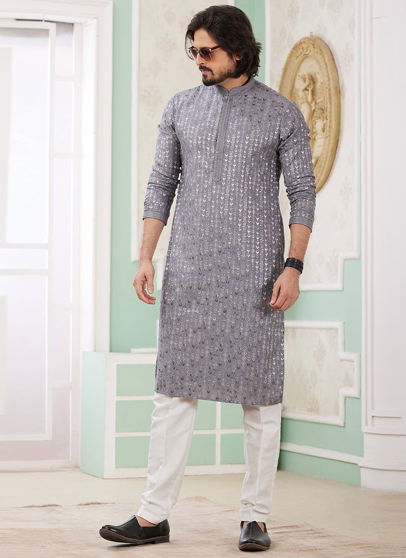 Grey Silk Embroidered Sequins Kurta Pyjama For Men Festive Wear