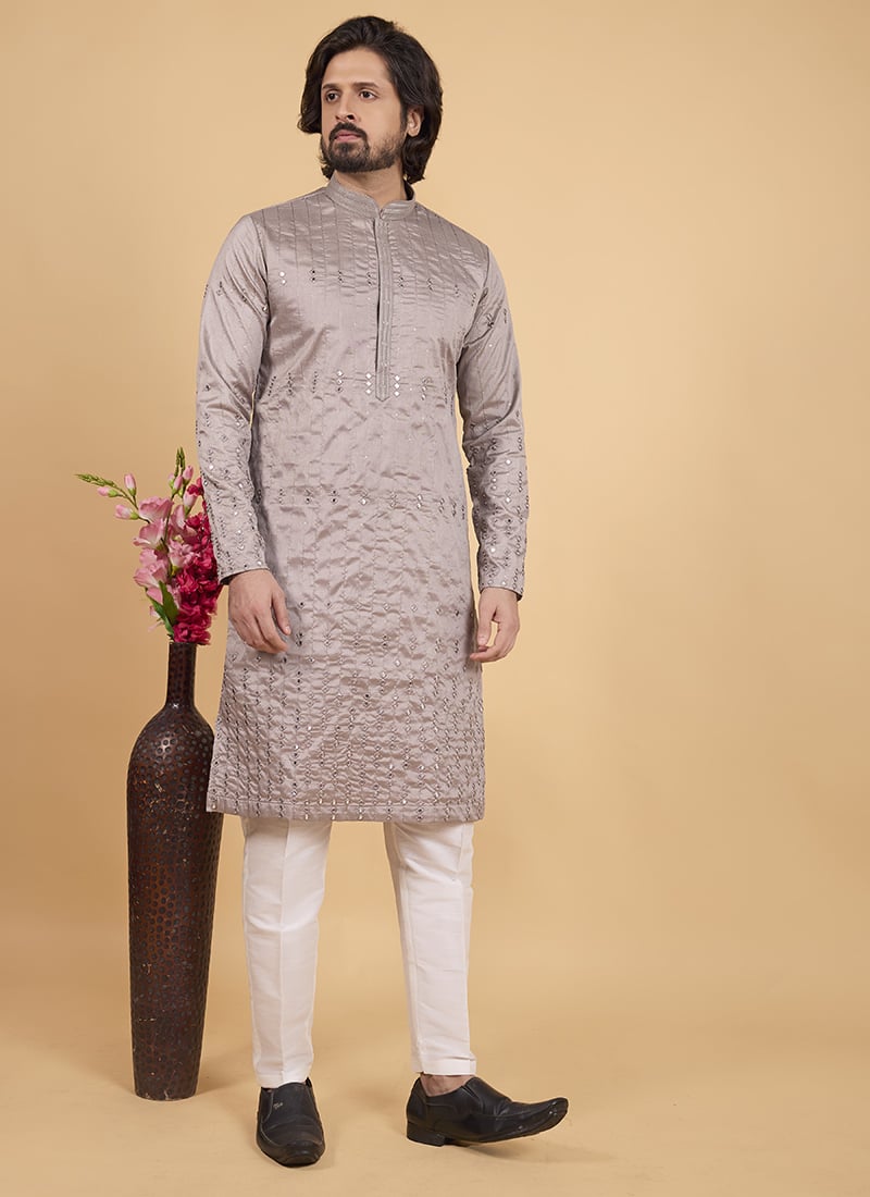 Grey Silk Embroidered Sequins Kurta Pyjama Festive Wear