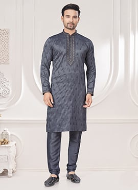 Grey Silk Embroidered Sequins Kurta Pyjama