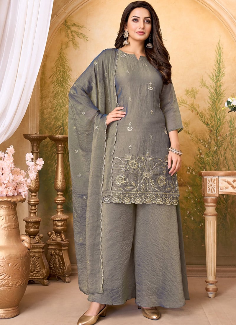 Grey Silk Embroidered Sequins Palazzo Suit After Six Wear