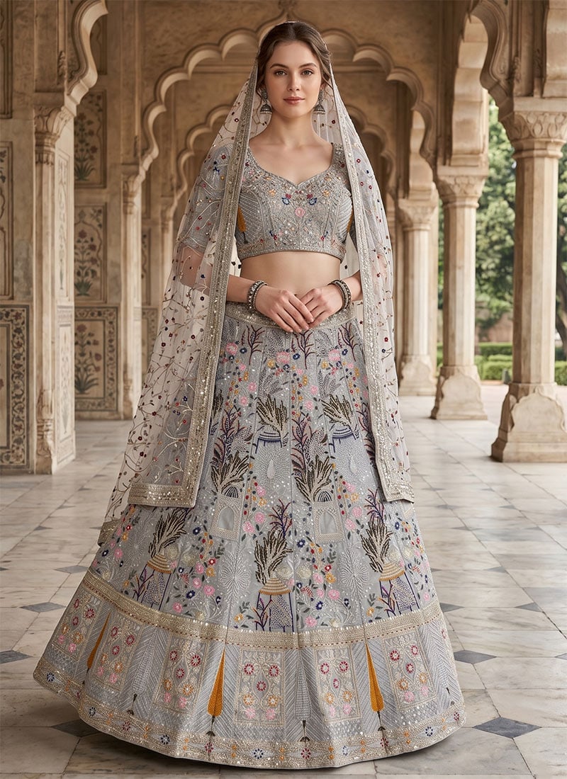 Grey Silk Embroidery Sequins Lehenga Wedding Wear