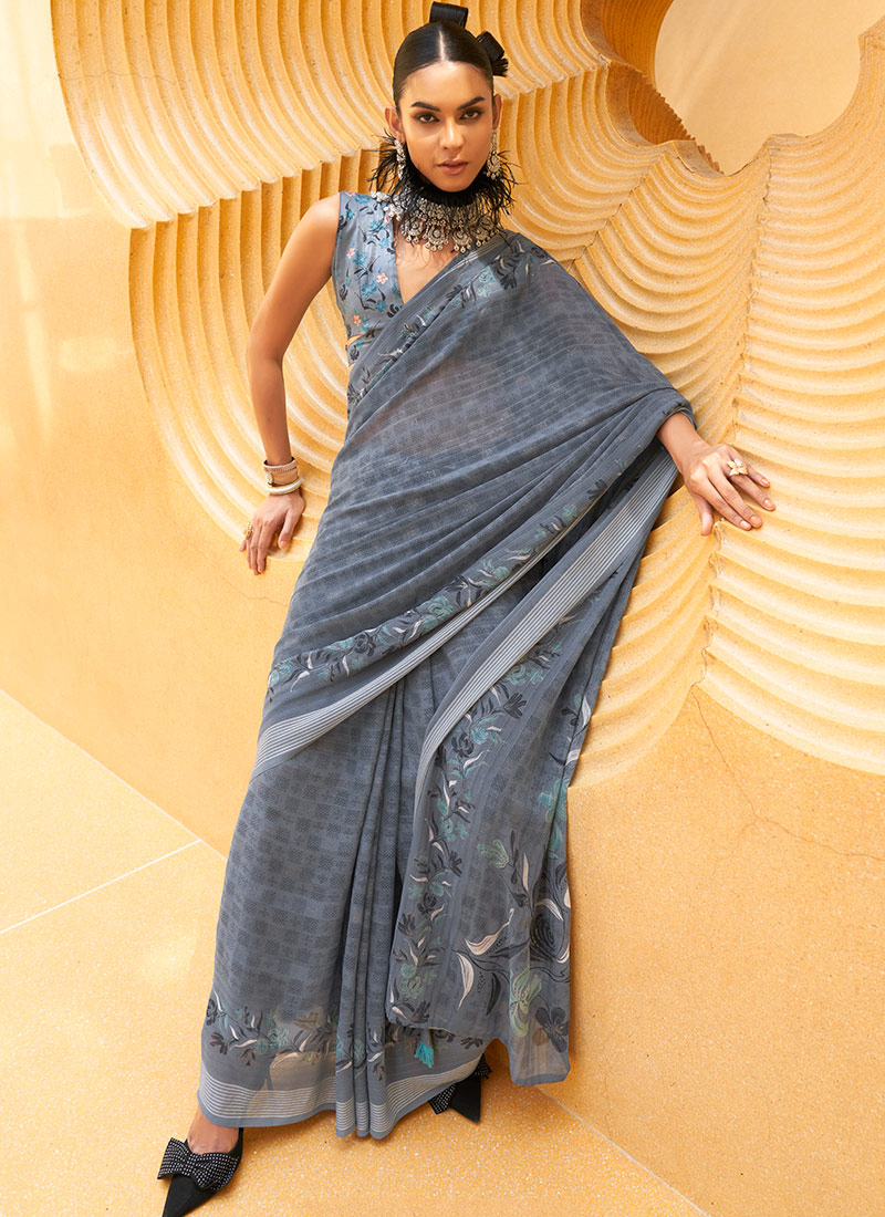 Grey Silk Georgette Printed Saree After Six Wear