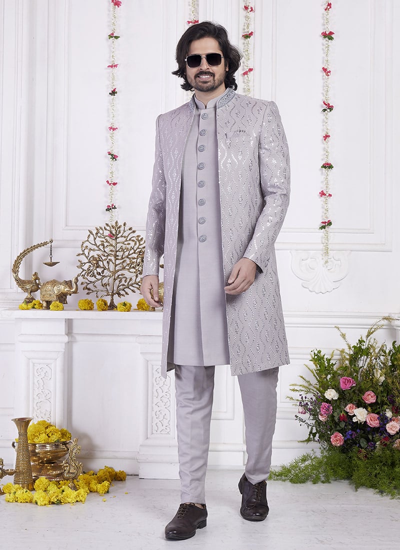 Grey Silk Hand Embroidered Sequins Indowestern Sherwani Wedding Wear