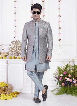 Grey Silk Hand Embroidered Sequins Indowestern Sherwani