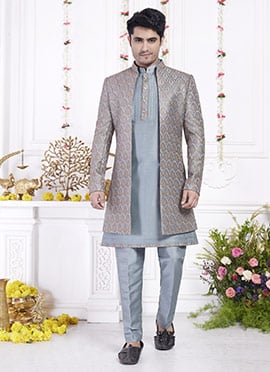 Grey Silk Hand Embroidered Sequins Indowestern Sherwani