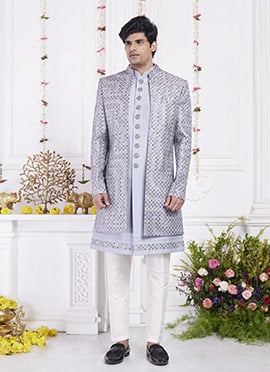 Grey Silk Hand Embroidered Sequins Indowestern Sherwani