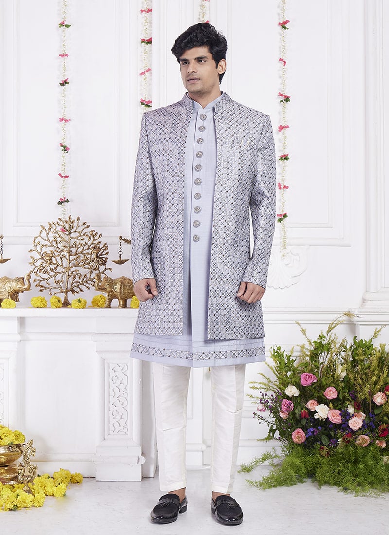 Grey Silk Hand Embroidered Sequins Indowestern Sherwani Wedding Wear