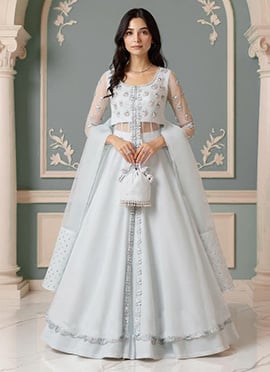 Grey Silk Hand Embroidered Sequins With Beads Work Lehenga