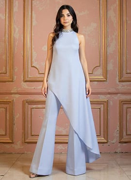 Grey Silk Hand Embroidered With Stone And Beads Work Indowestern Palazzo Set